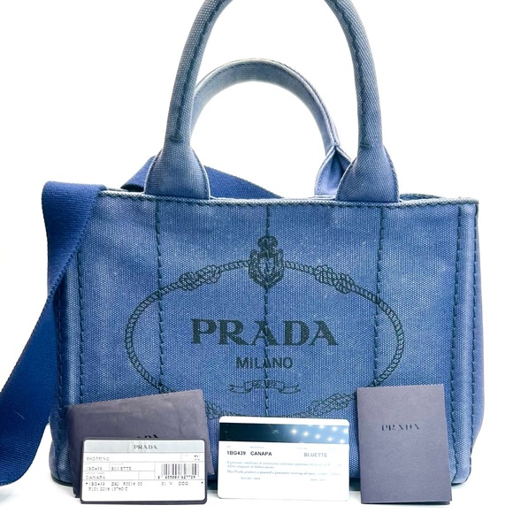 PRADA Two-Way Mini Shopping Tote in Logo Print Bluette Canapa Canvas Denim